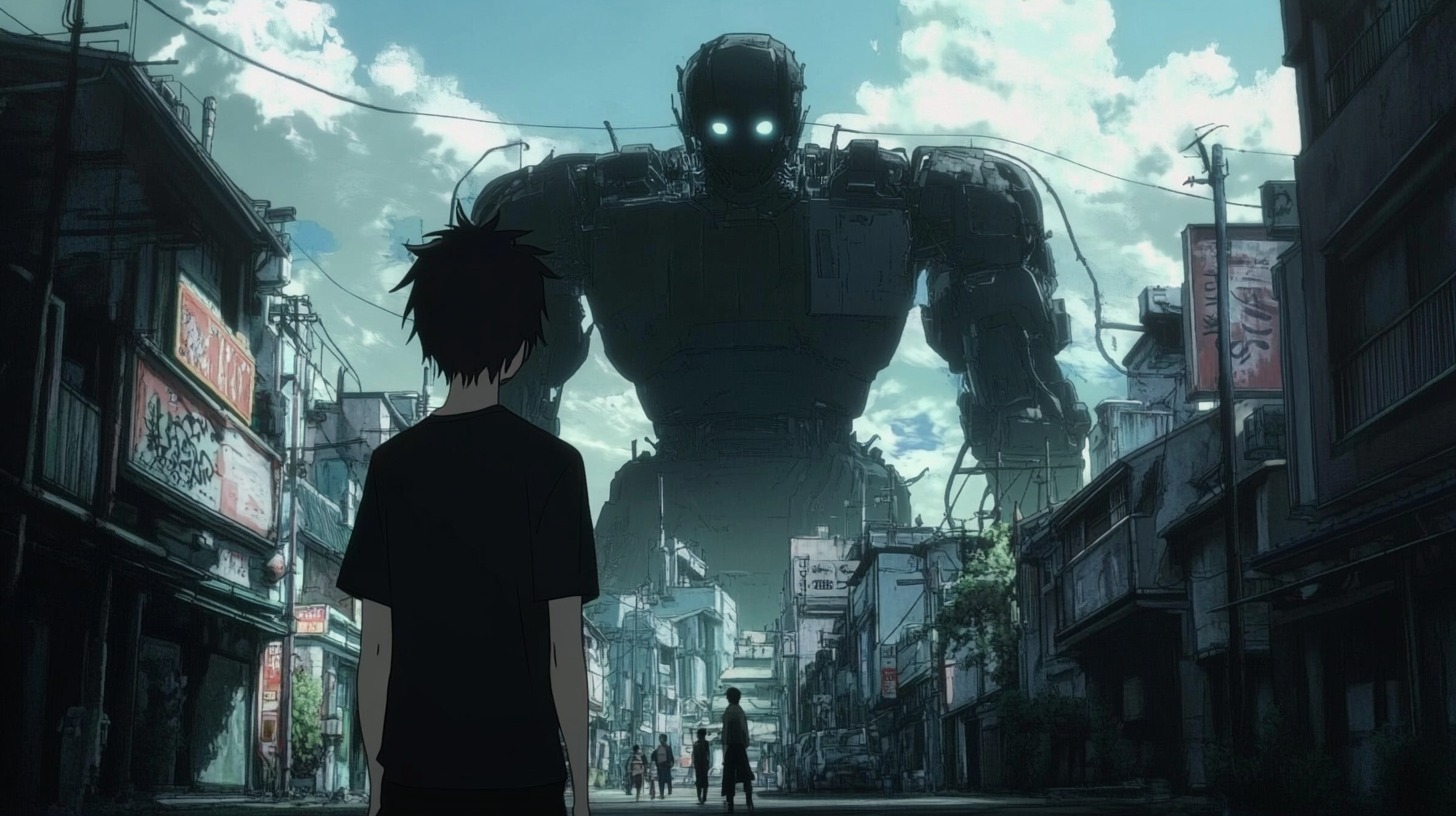 A young boy faces a giant, glowing-eyed robot in a desolate urban street under a cloudy sky