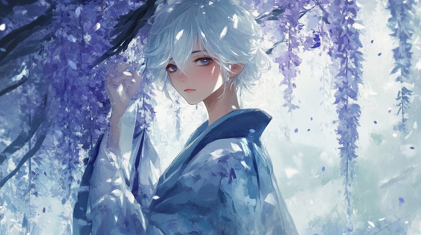 Anime-style character with short white hair and a blue kimono, standing under wisteria blossoms, surrounded by a dreamy, ethereal light