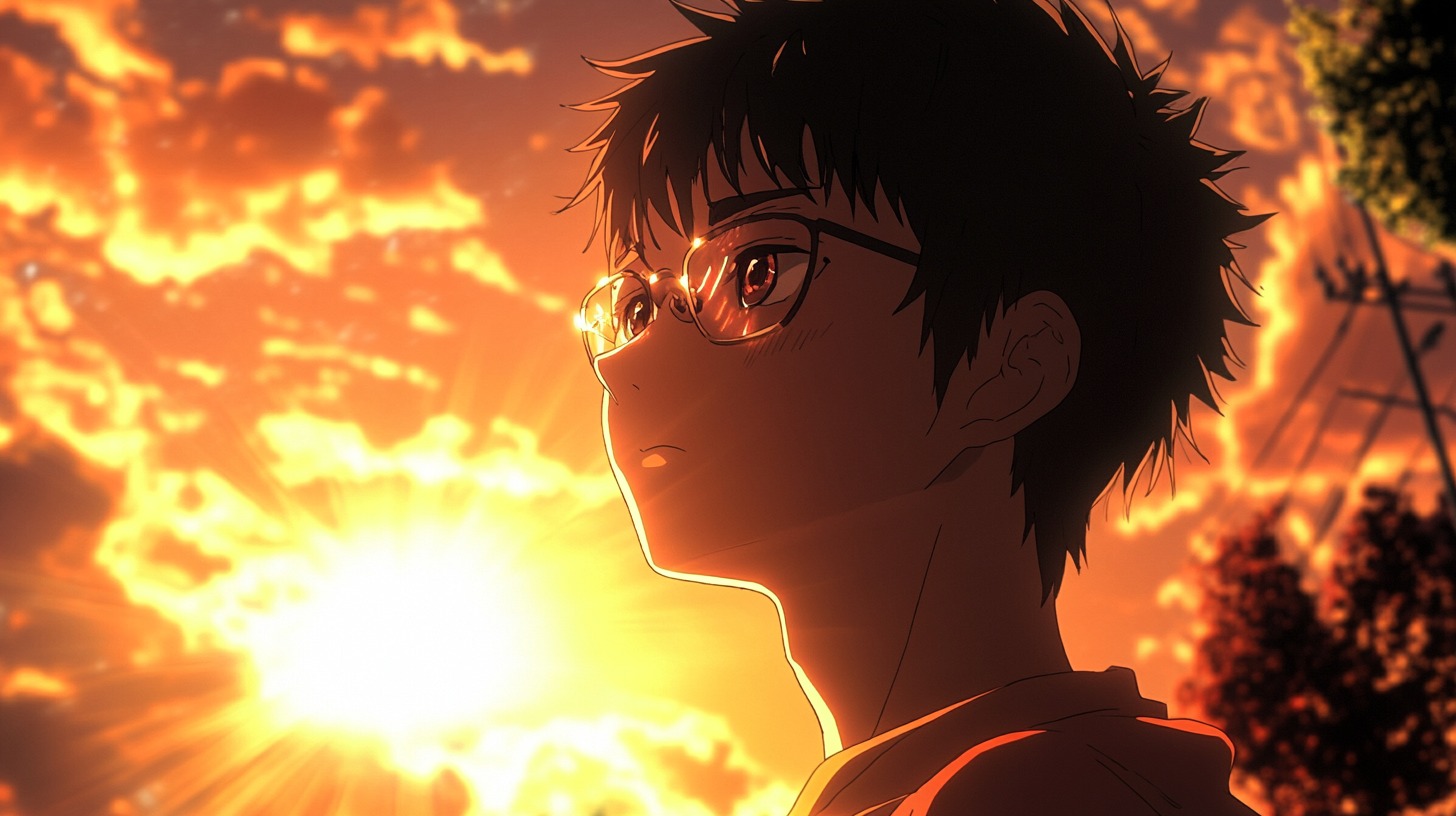 Anime character with glasses gazing at a glowing sunset, with a backdrop of fiery orange skies and silhouettes of trees