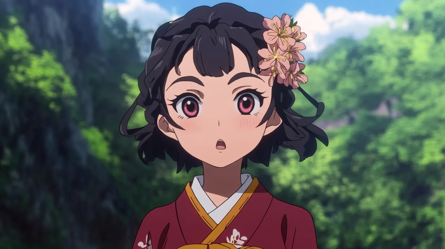 Anime character wearing a red kimono with floral patterns, adorned with flowers in her hair, looking surprised against a lush green forest backdrop