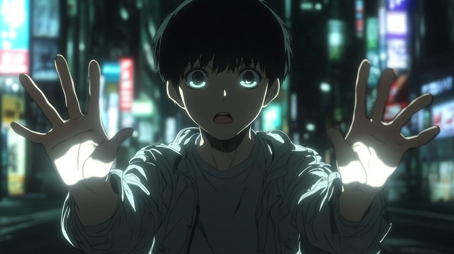 Anime character with wide eyes and outstretched hands, illuminated by a mysterious light, standing in a futuristic, neon-lit urban setting